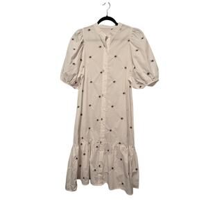 Floral Embroidered Shirt Dress Womens SM White Puff Sleeve Ruffled Lightweight